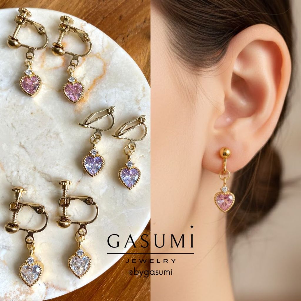 LOVERY - Anting Tanpa Tindik Jepit Love Hati Pink Ungu Kristal Cantik Earclip Gantung Crystal Kilau 