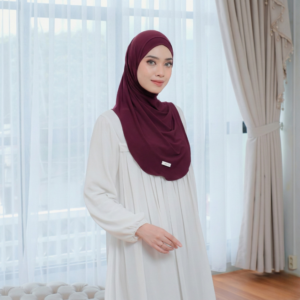 Coverly Hijab - Jilabab Bergo Instan Burgundy Kerudung Instant Jersey Malay Dewasa Premoum Syari