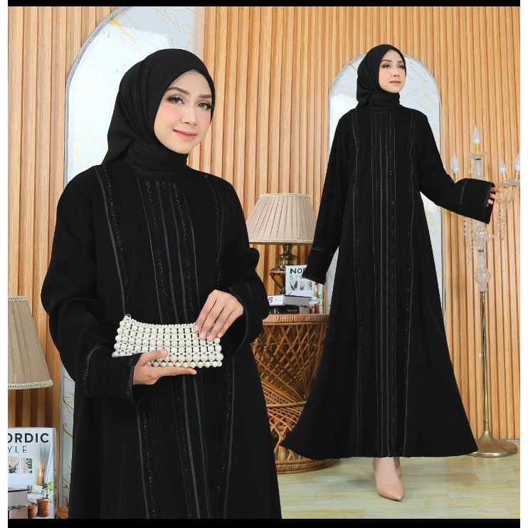 Gamis Syari Abaya Multazam Swarovski Jetblack Mewah
