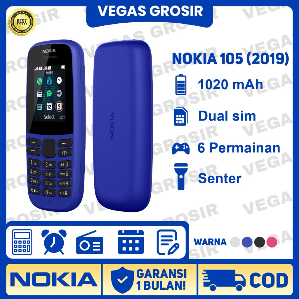 HP NOKIA 105 2019 (BARU) [GARANSI 1 TAHUN] - HP Jadul Dual Sim,Radio,Senter,Baterai Awet Murah