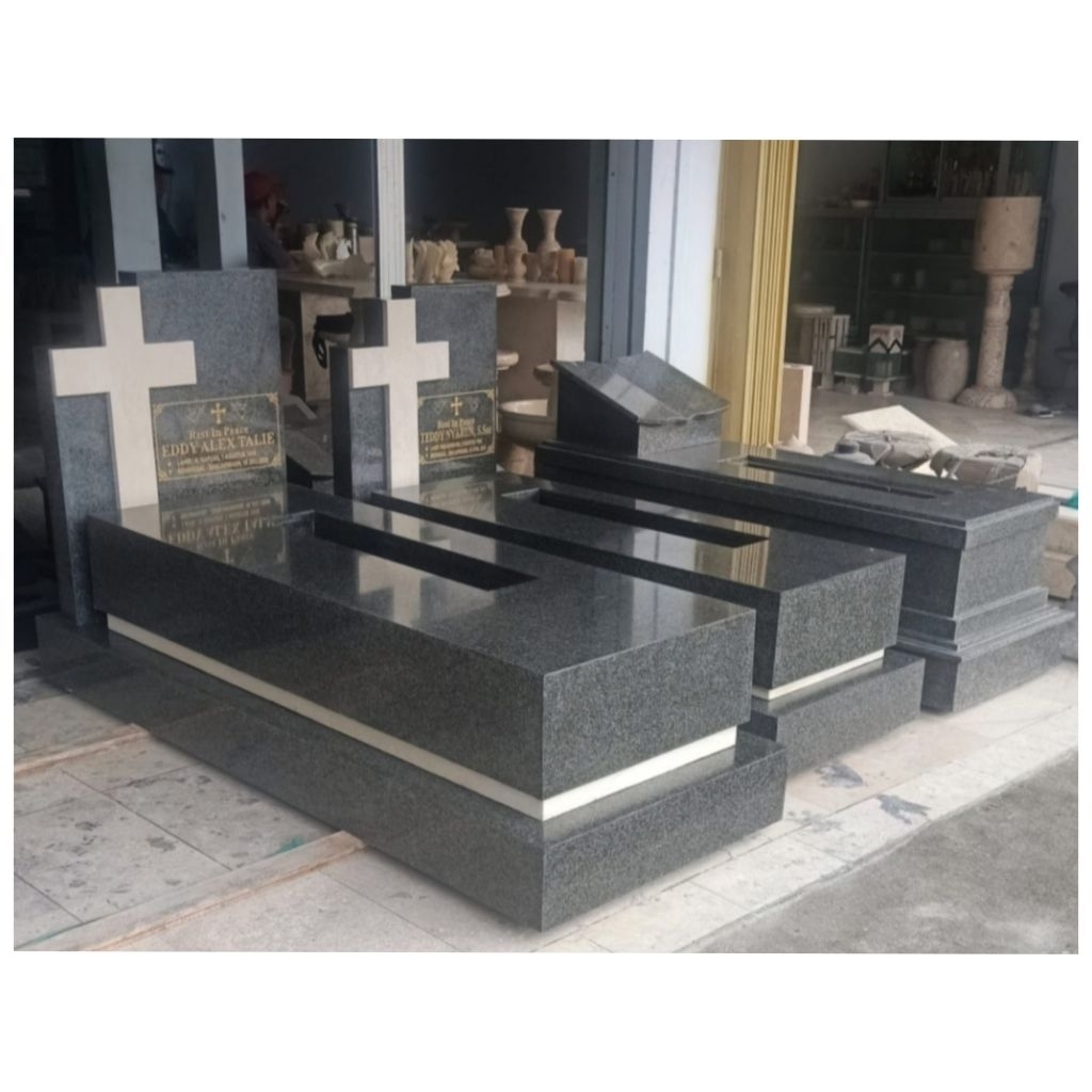 Kijing  Makam Kristen Granit Impala + Salib Marmer Putih 160x60cm ( ukuran bisa custom )