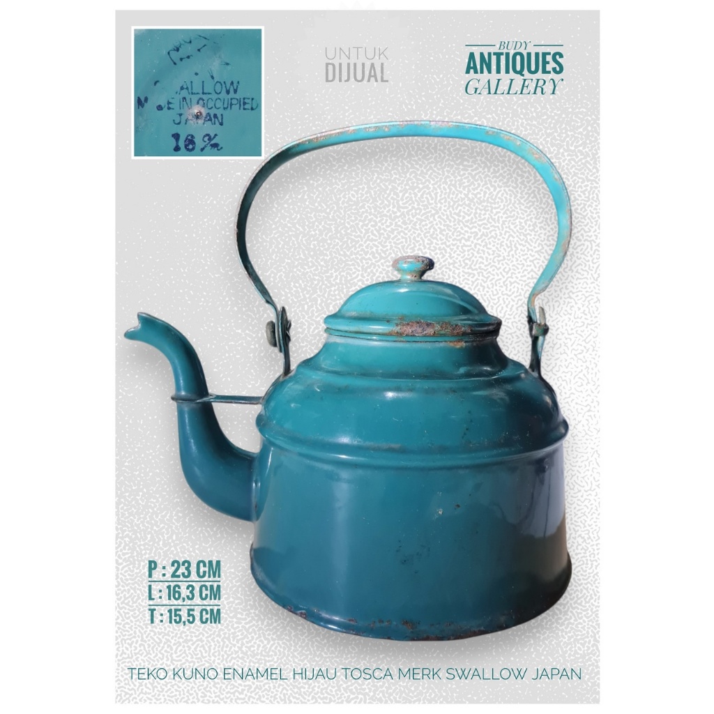 Teko Enamel Kuno Hijau Tosca Merk Swallow Japan
