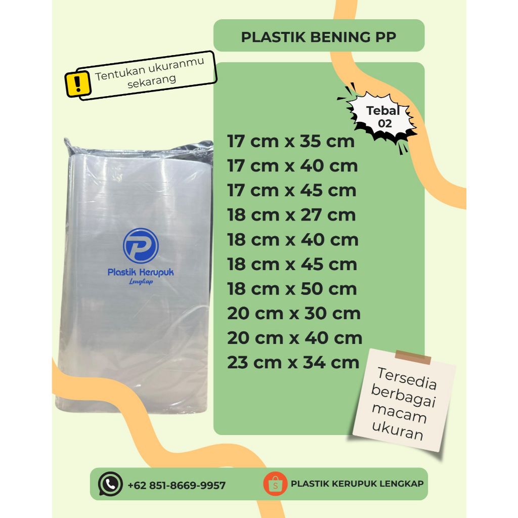 PLASTIK PP bening 17x35 17x40 17x45 18x27(1,5 kg) 18x40 18x45 18x50 20x30 (2kg) 20x40 23x34(2,5kg)