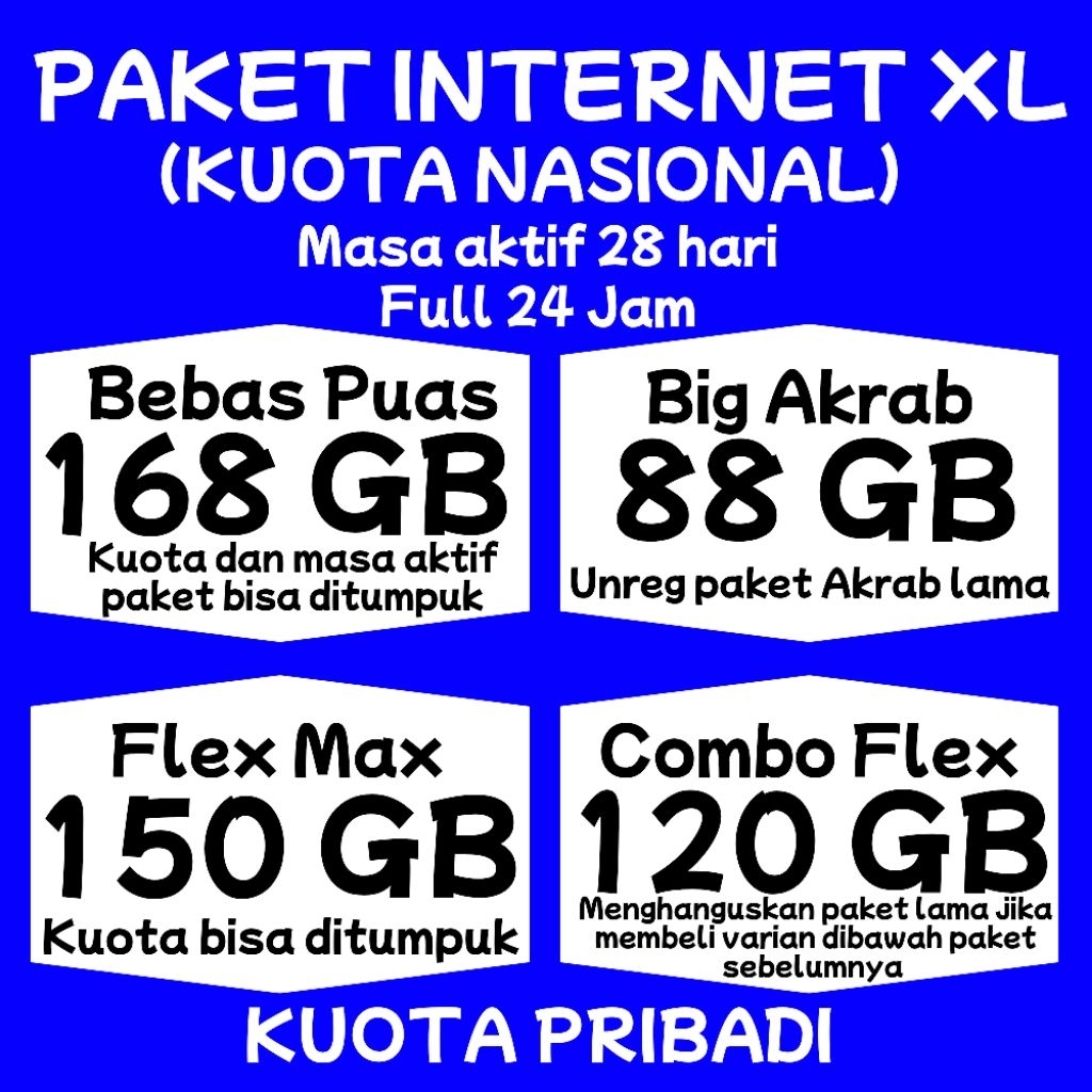 Paket Internet isi ulang kuota XL Bebas Puas 90 GB dan 270 GB 30 hari full 24 jam tanpa pembagian ku