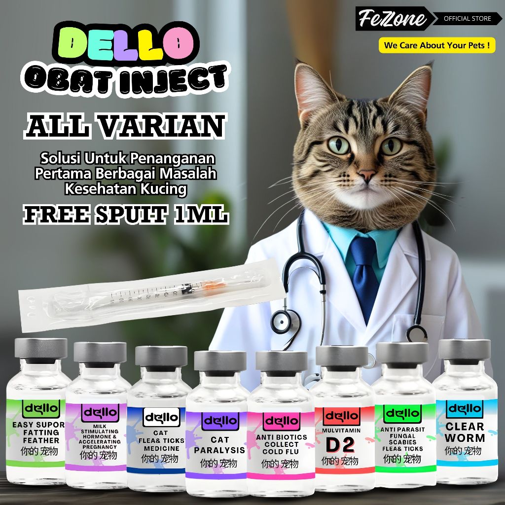 Antibiotik Kucing Aman Obat Injeksi Dello Inject All Varian Solusi Jamur Cacing Free Spuit FEZONE