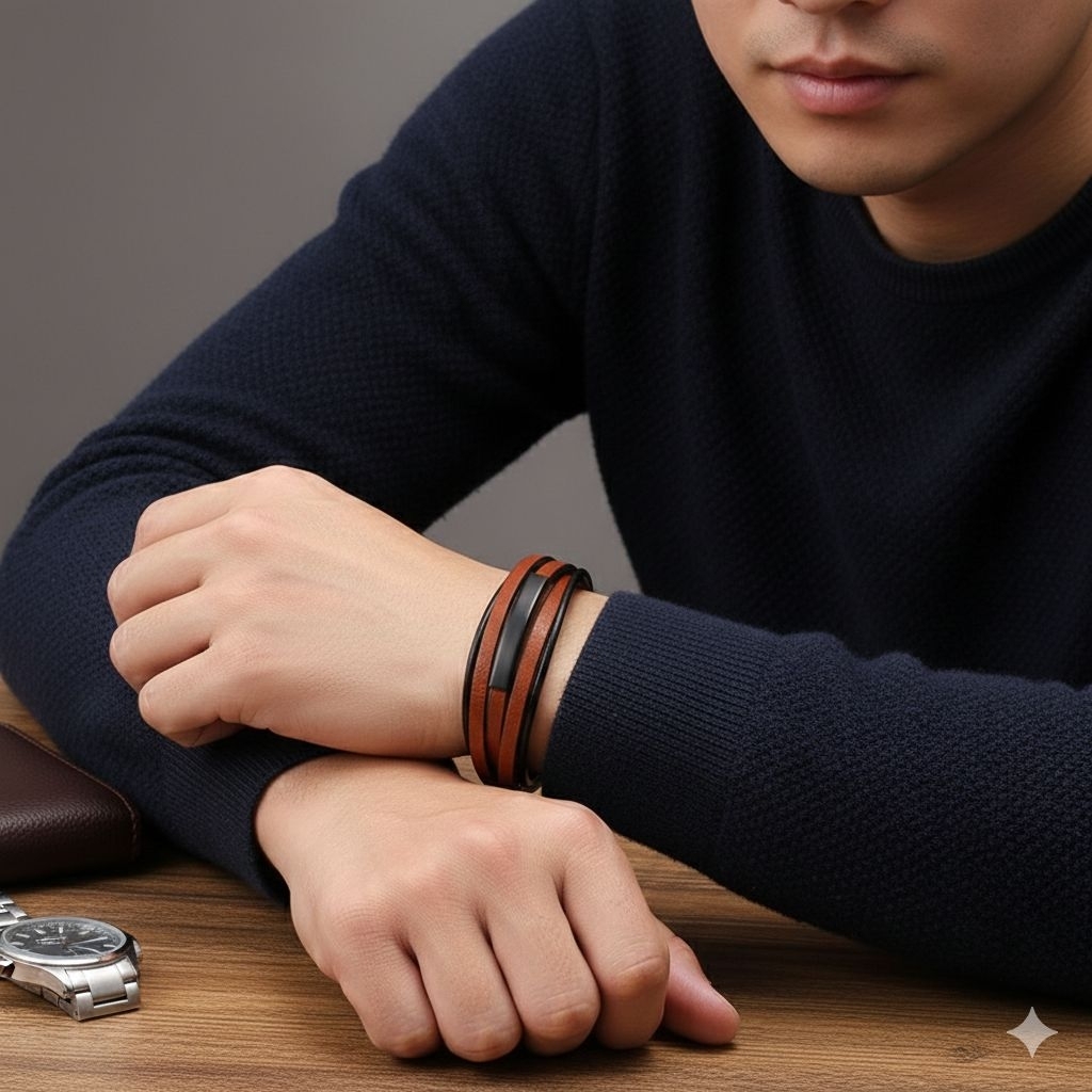 Gelang kulit multi layer casual fun - gelang kulit asli punk rock metal untuk pria wanita hadia gift
