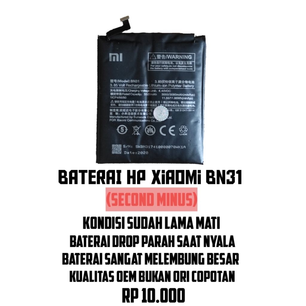 Baterai/Batre/Batu HP Xiaomi Redmi BN31 (MINUS)