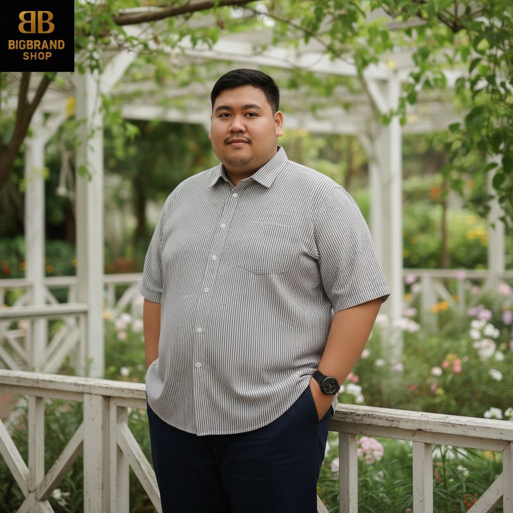 BIGBRAND Kemeja Pria Jumbo Motif Stripe Motif Garis Garis Lengan Pendek Big Size
