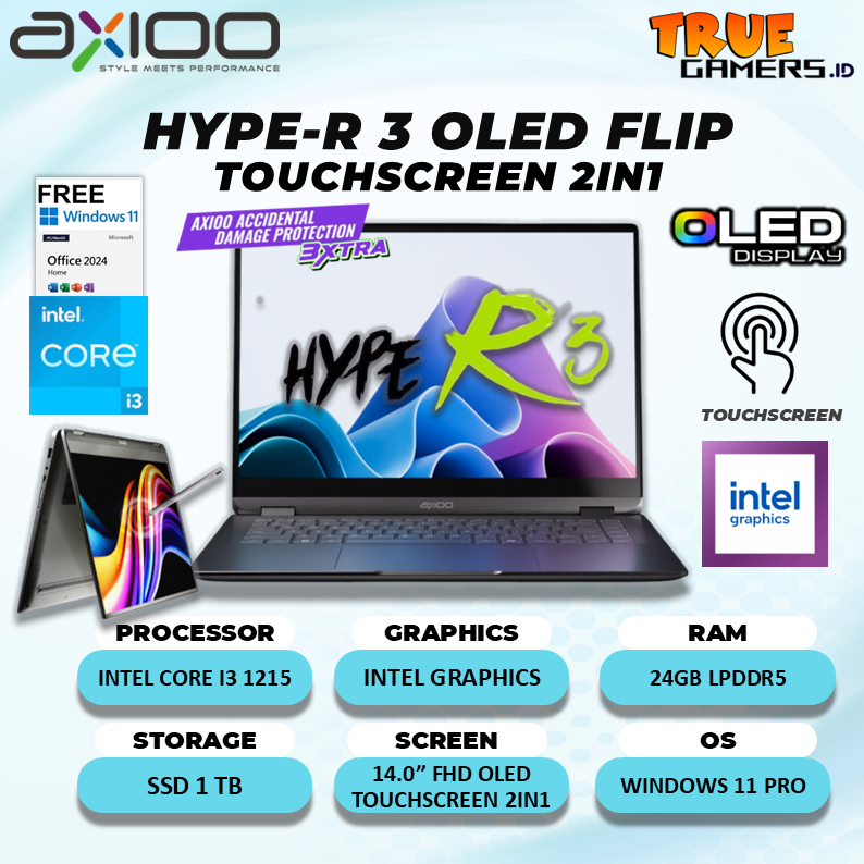 Laptop Axioo Hype-R 3 OLED Flip Core i3-1215 24GB 1TB SSD Win11+Office 14.0"Full HD Touchscreen OLED