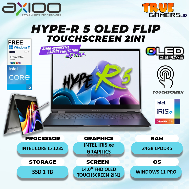 Laptop Axioo Hype-R 5 OLED Flip Core i5-1235 24GB 1TB SSD Win11+Office 14.0"Full HD Touchscreen OLED