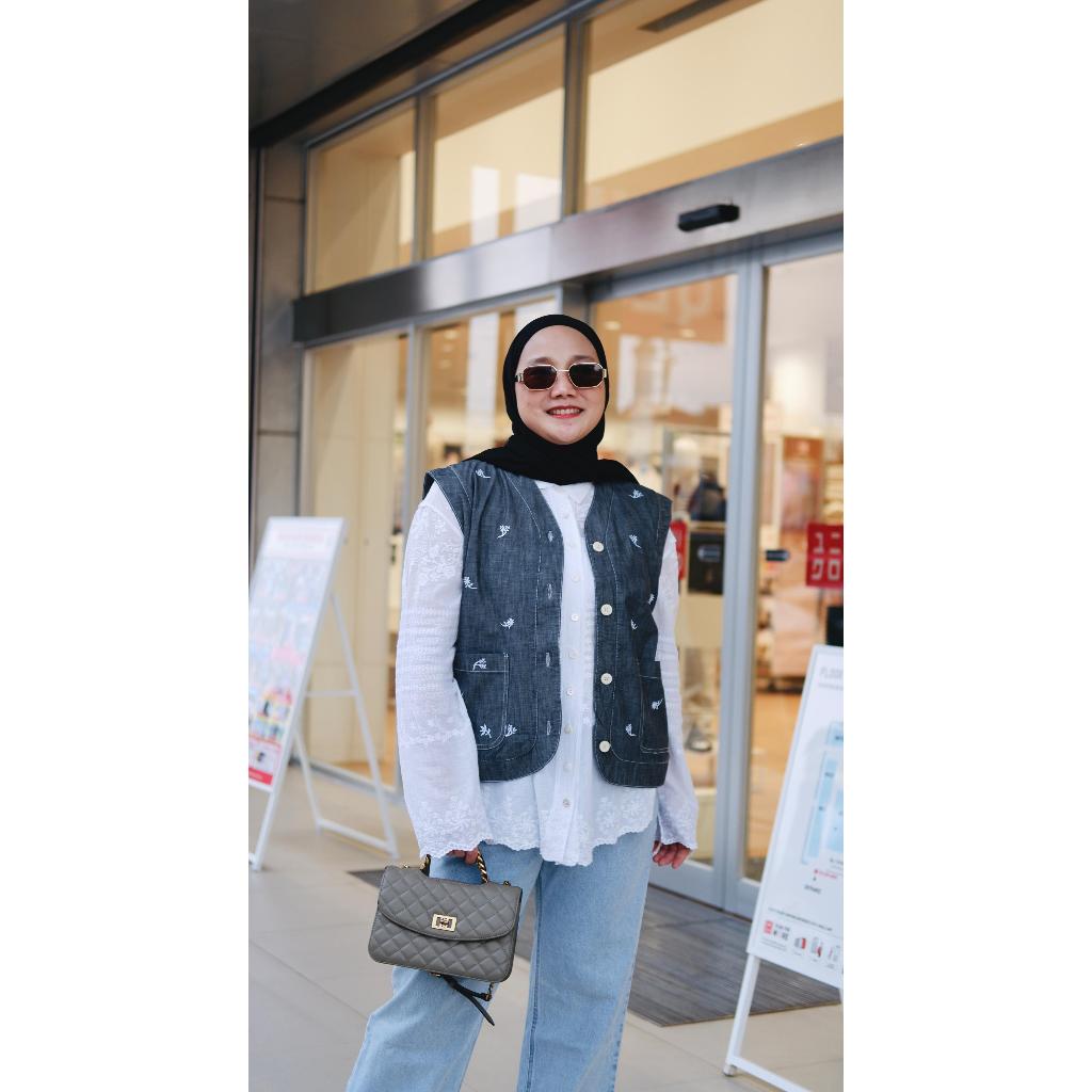 lobelia - Vest Jeans Wanita Remaja Dewasa / Outer Rompi Jeans Motif Bordir Premium
