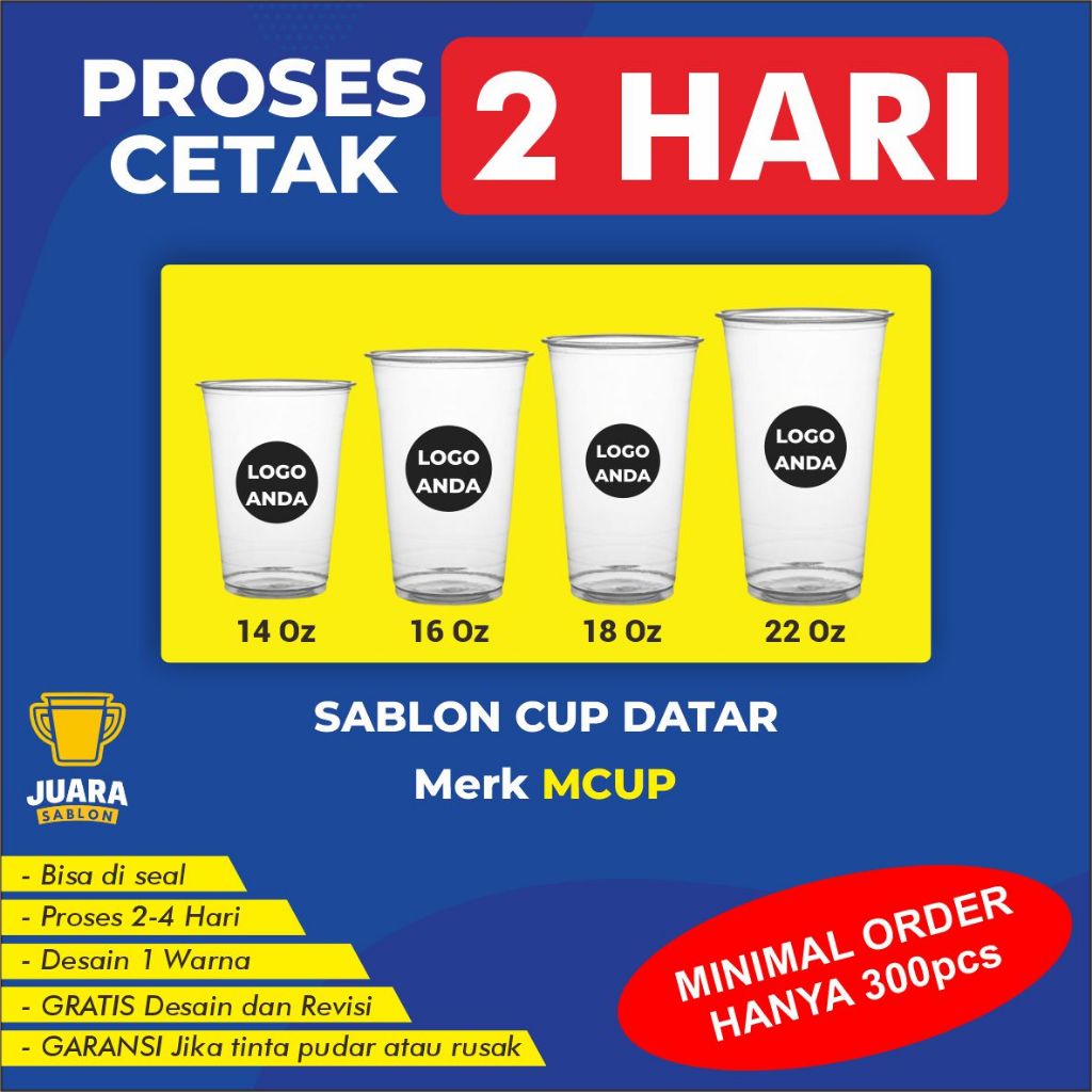 Sablon Cup Datar Gelas Packaging Plastik PP Custom 12 Oz, 14 Oz, 16 Oz, 18 Oz, 22 Oz Tebal 7-9 Gram