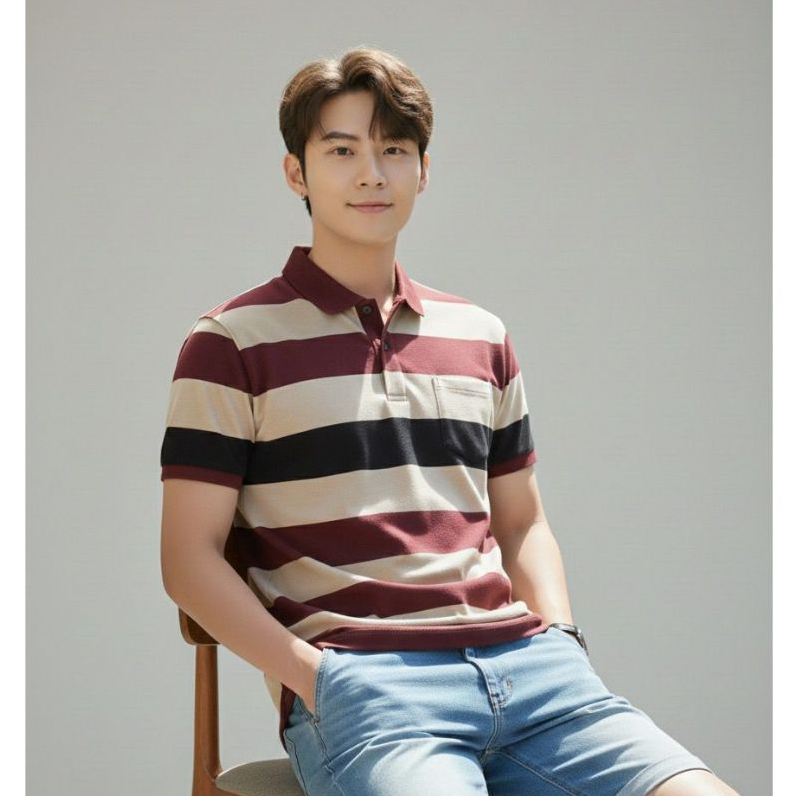 Kaos Kerah Pria - Polo Shirts Lengan Pendek Kaos Krah Salur Berkantong Depan Size M L XL XXL XXXL