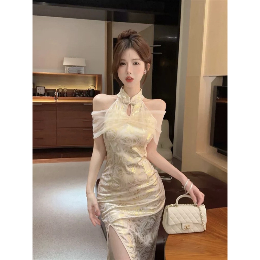 Elegant Floral Cheongsam Off-Shoulder Dress Gaun Cheongsam Modern Wanita