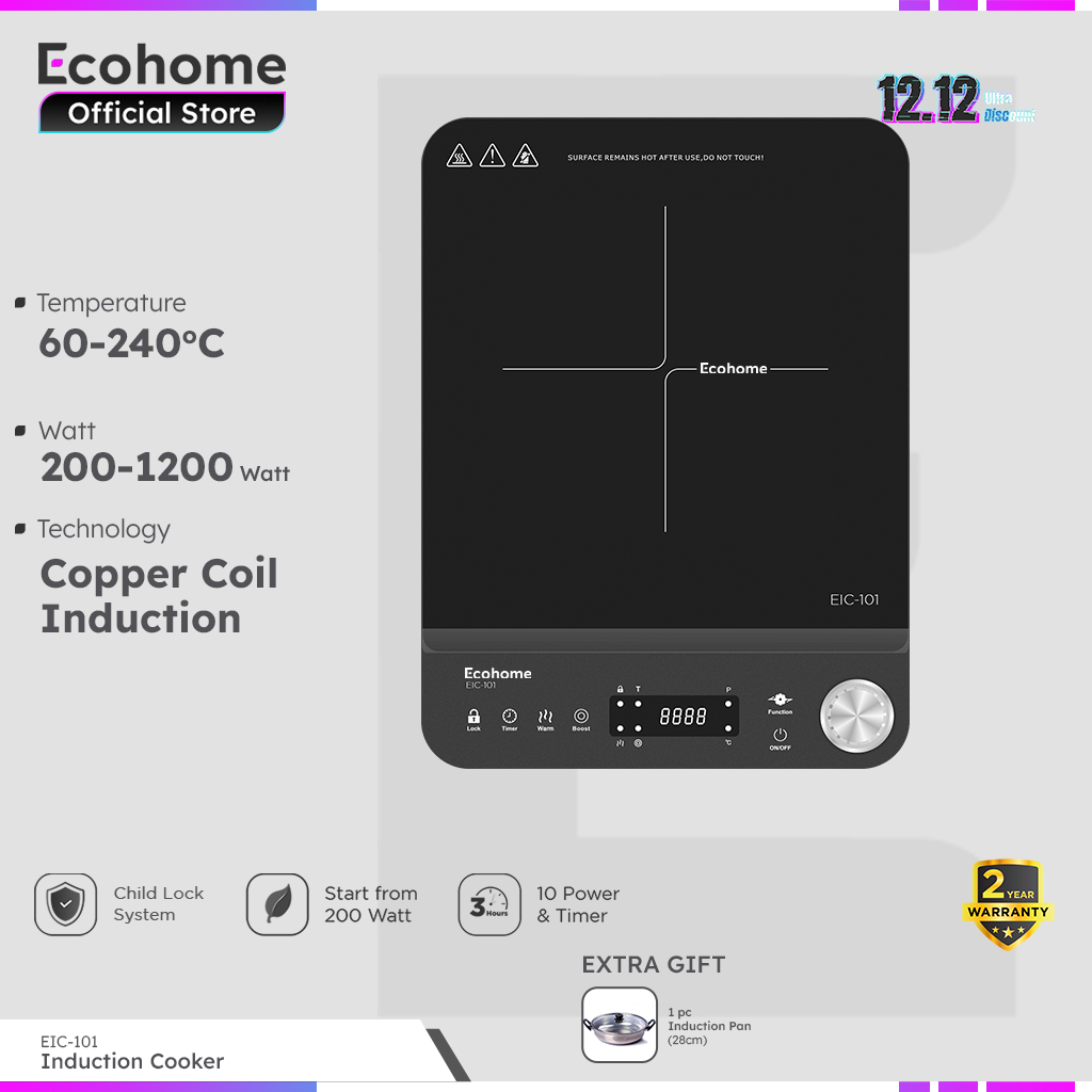 ECOHOME Induction Cooker EIC101 Kompor Induksi Low Watt with Durable Crystal Glass Screen