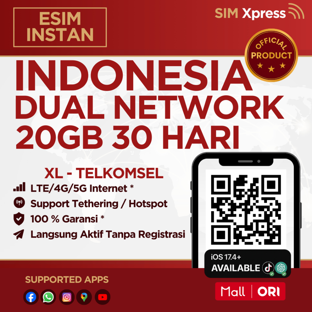 SIM XPRESS - eSIM Roaming XL Indonesia 20 GB Data | 30 Hari | eSIM Roaming