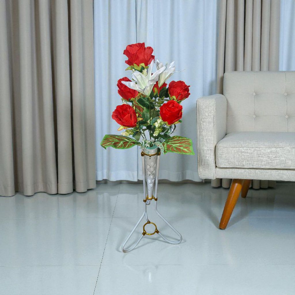 Bunga Mawar Jumbo Lili Mix Amarilis Artificial Premium Mawar berikut dengan pot dan standing besi bu