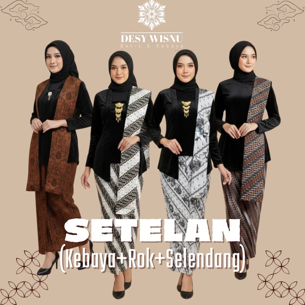 Setelan Kebaya Kutu Baru Bludru Warna Hitam / Kebaya + Selendang + Jarik Wiru Plisket