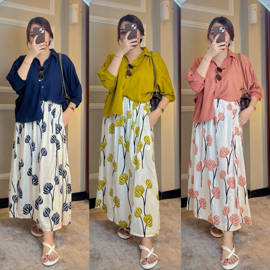 Oneset Rok Jennifer Motif Bunga Tulip Atasan Polos Rayon Premium