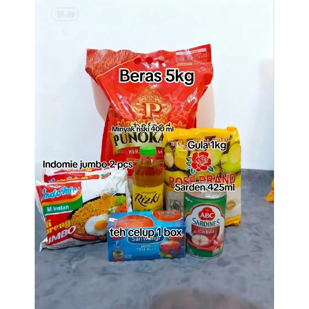 Paket Sembako Lengkap 5Kg Hemat – Beras 5kg, Gula 1kg, Minyak 400ml, Sarden, Teh, Indomie