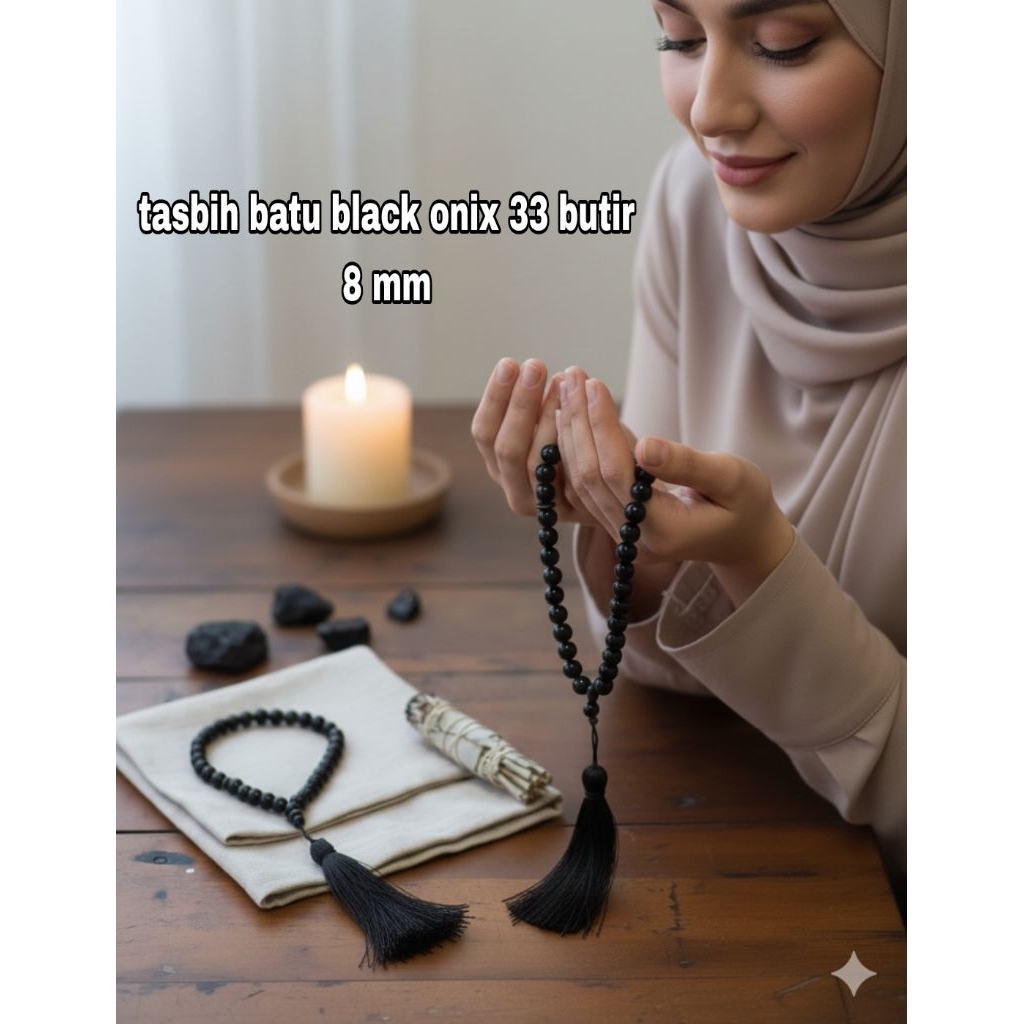tasbih batu black onix 33 butir 8 mm kucir hitam estetik