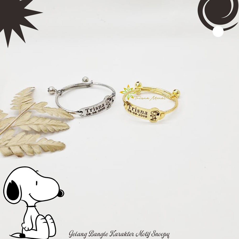 Adjustable free gelang monel  gelang karakter ukir nama size anak sampai dewasa motif Snoopy