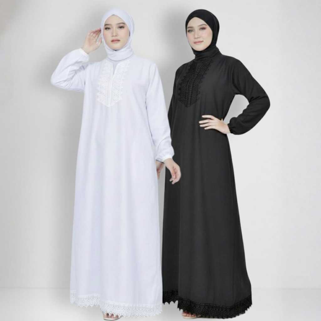 Abaya Gamis Muslimah High Quality - Baju Gamis Wanita Hitam Putih Bordir Mewah Busui Friendly