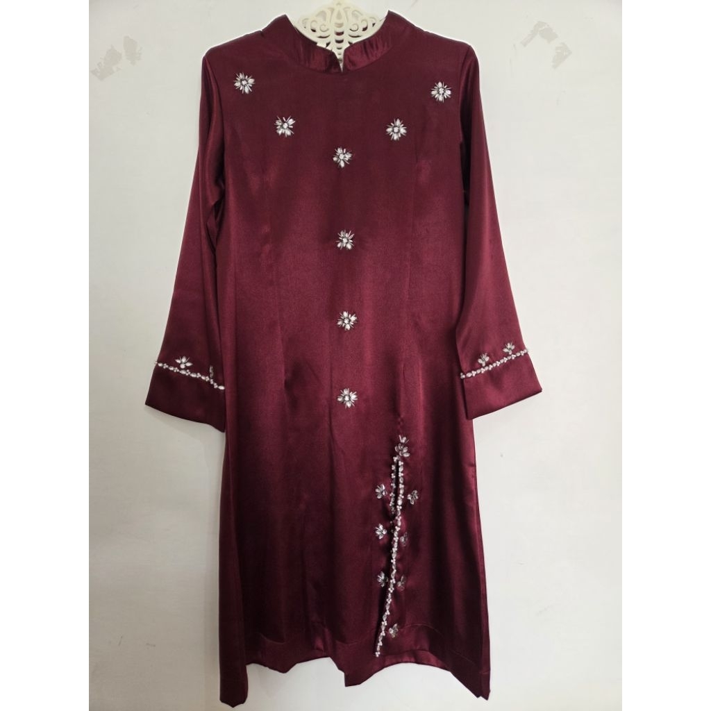 Atasan Tunik Baju Kutu Kurung Bukittinggi Maroon Burgundy Payet Kristal Kondangan Pesta Cewek Wanita