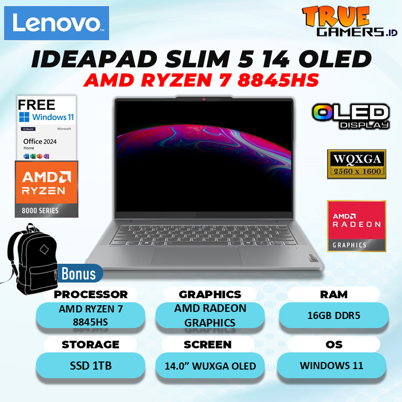 Laptop Lenovo Ideapad Slim 5 14 OLED AMD Ryzen 7-8845HS 16GB 1TB SSD Windows11+Office 14.0Wuxga OLED