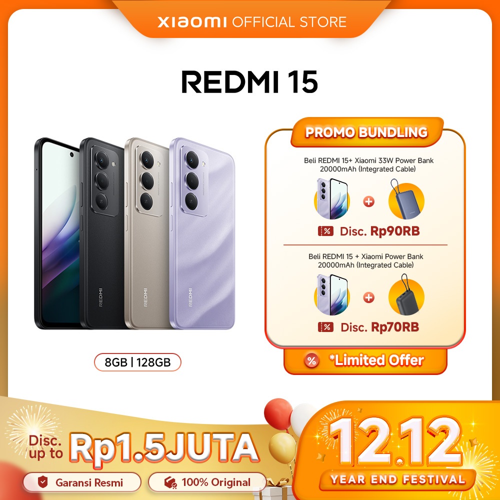 Xiaomi Redmi 15 (8GB/128GB) (8GB/256GB) Baterai besar 7000mAh dengan pengisian daya 33W | Ekspansi R