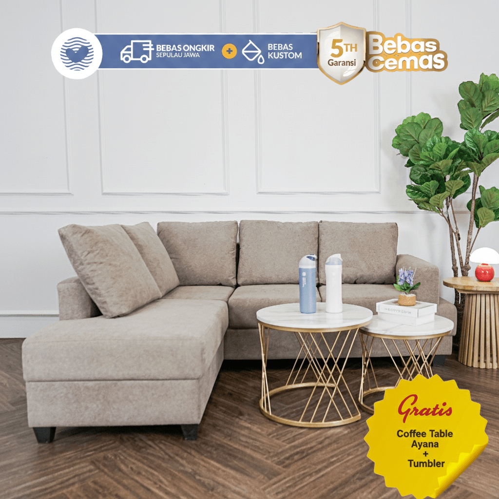 Lovise Sofa Mahalona Sudut Bludru Anti Cakar Kucing - Skandinavian Dudukan 3 Seat + Chaise Bentuk L