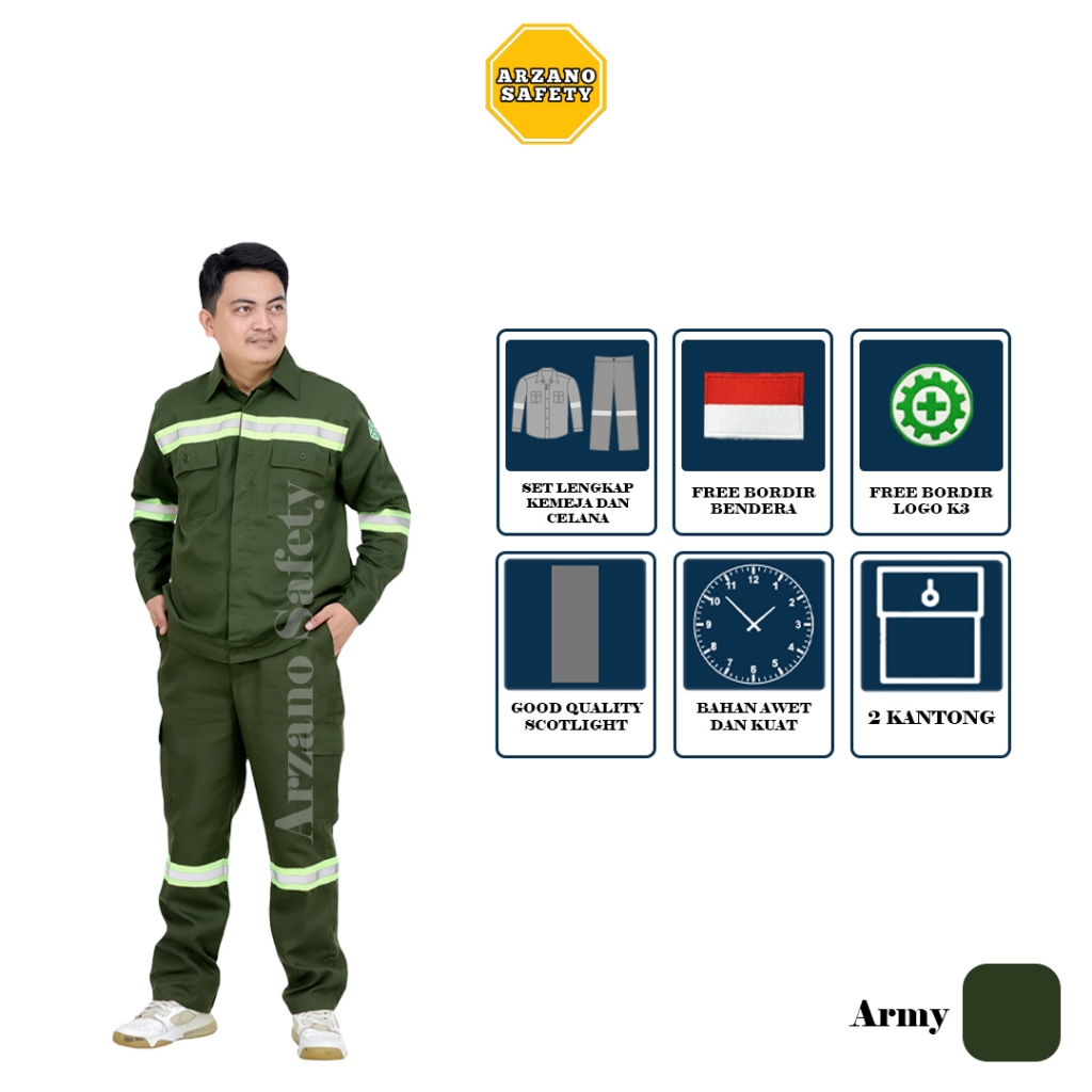 ARZANO SAFETY - Wearpack stelan baju stelan safety warna hijau army lengan panjang