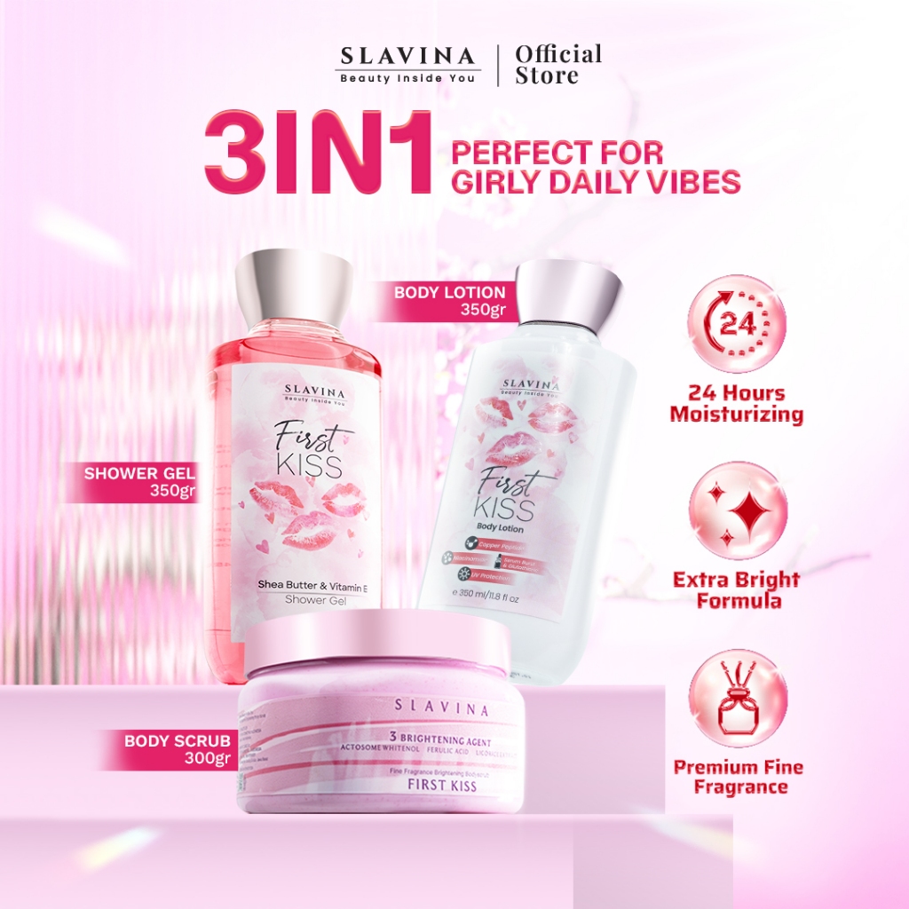SLAVINA Bundle 3IN1 First Kiss (Body Scrub + Shower Gel + Body Lotion) by Nagita Slavina – Body Scru