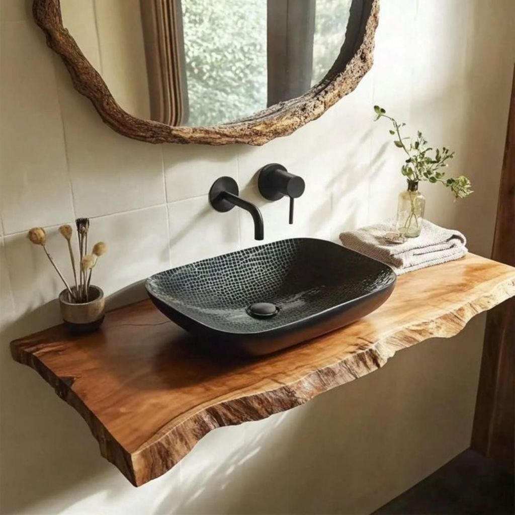 top table wastafel/meja wastafel kayu asli rustik/meja wastafel sisi alami