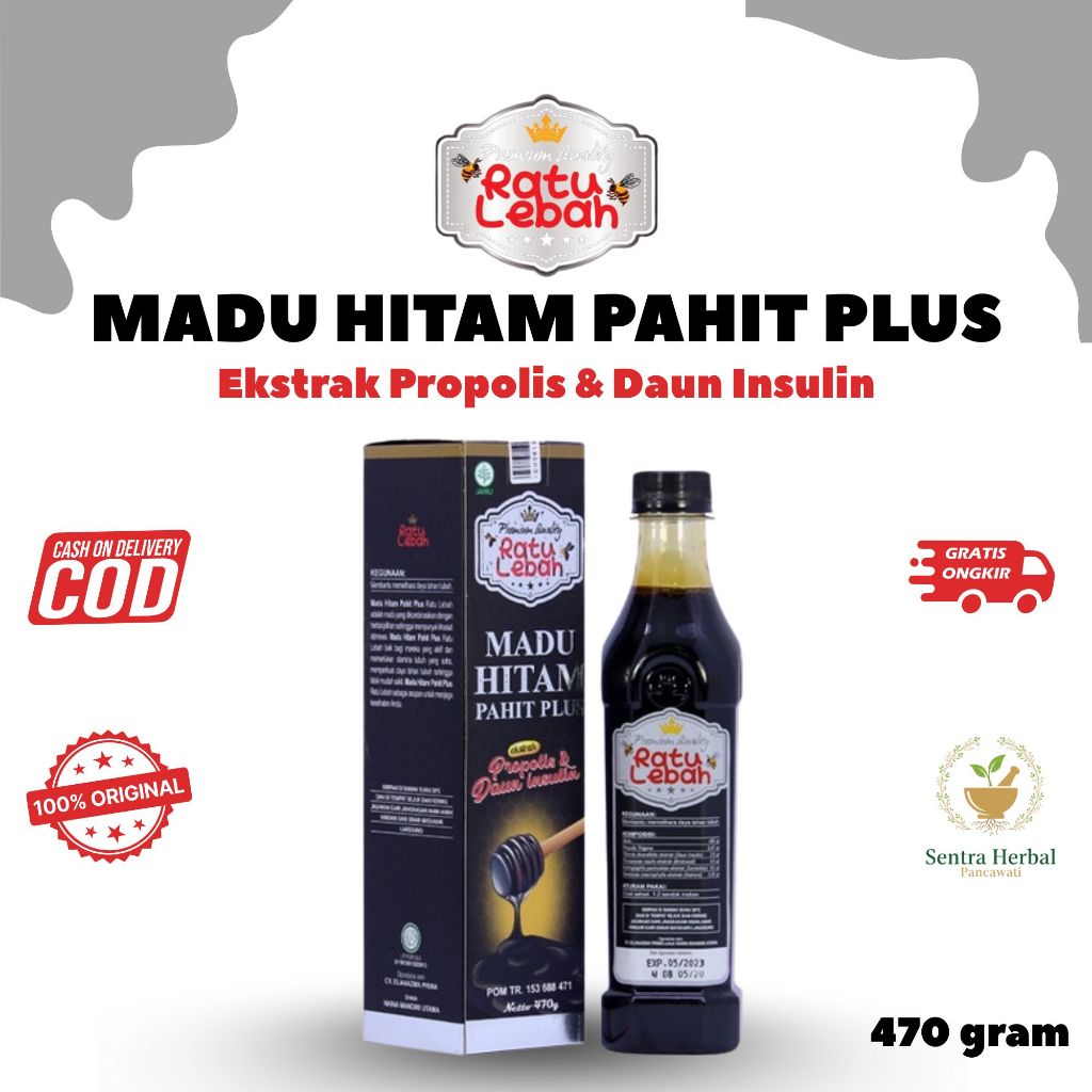 Madu Hitam Pahit Ratu Lebah 470gr BPOM | Obat Gula Darah Diabetes + Propolis, Daun Insulin