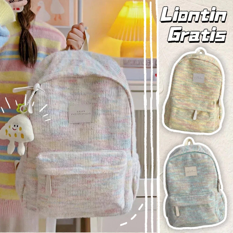 [Liontin Hadiah]Tas Ransel Sekolah Warna Kontras Rajutan Y2k/Tas Ransel Rajutan Pelangi Mewah/Tas Ra