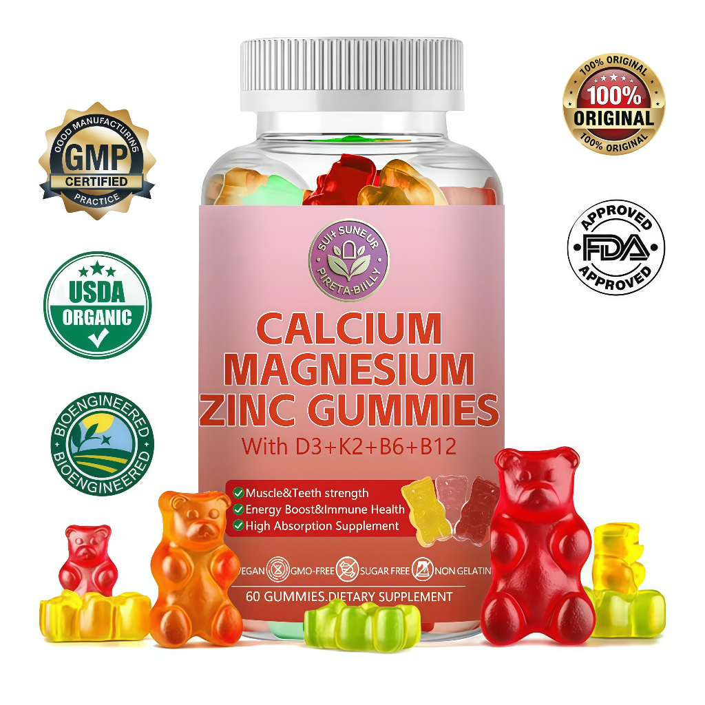 Calcium Magnesium Zinc Gummies 60pcs with Vitamin D3 K2 B6 B12 Supports Bone Health, Nerve Immune Fu