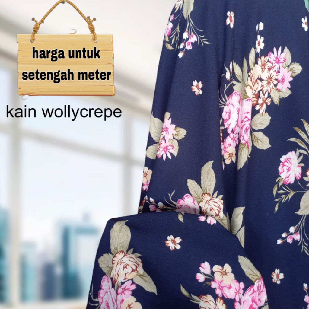 Kain Wollycrepe Motif Bunga Dasar Navy Terbaru