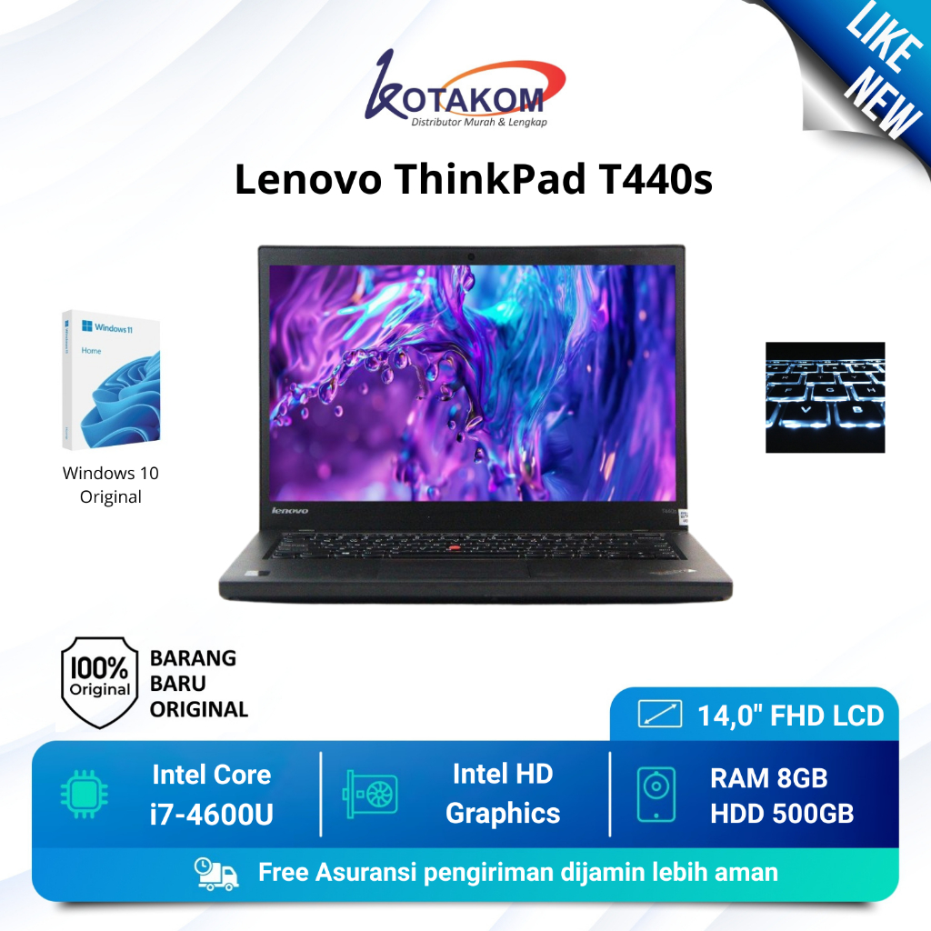 Laptop Lenovo ThinkPad T440s Intel Core i7 8GB RAM 500GB HDD HD Graphics 14,0 FHD I Baklit Keyboard 