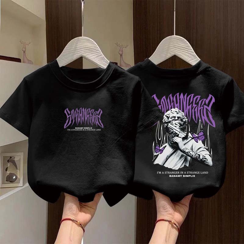 JiOJiO Cetakan grafiti potret huruf kreatif ungu gaya jalanan Amerika pakaian anak baju anak perempu