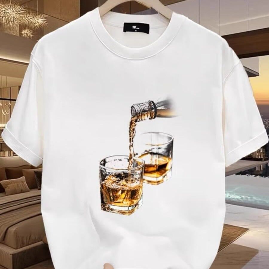 Kaos Pendek Katun 100% dengan Elemen Minuman Alkohol, Unisex Musim Panas, Oversize Gaya Kustom
