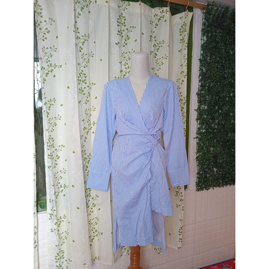 Dress kimono tali motif salur putih biru wanita lengan panjang
