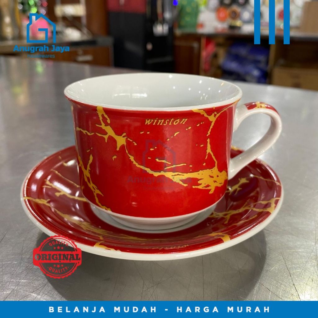 WINSTON Cangkir Lepek Keramik Marmer Merah MM-238003 Cangkir Set
