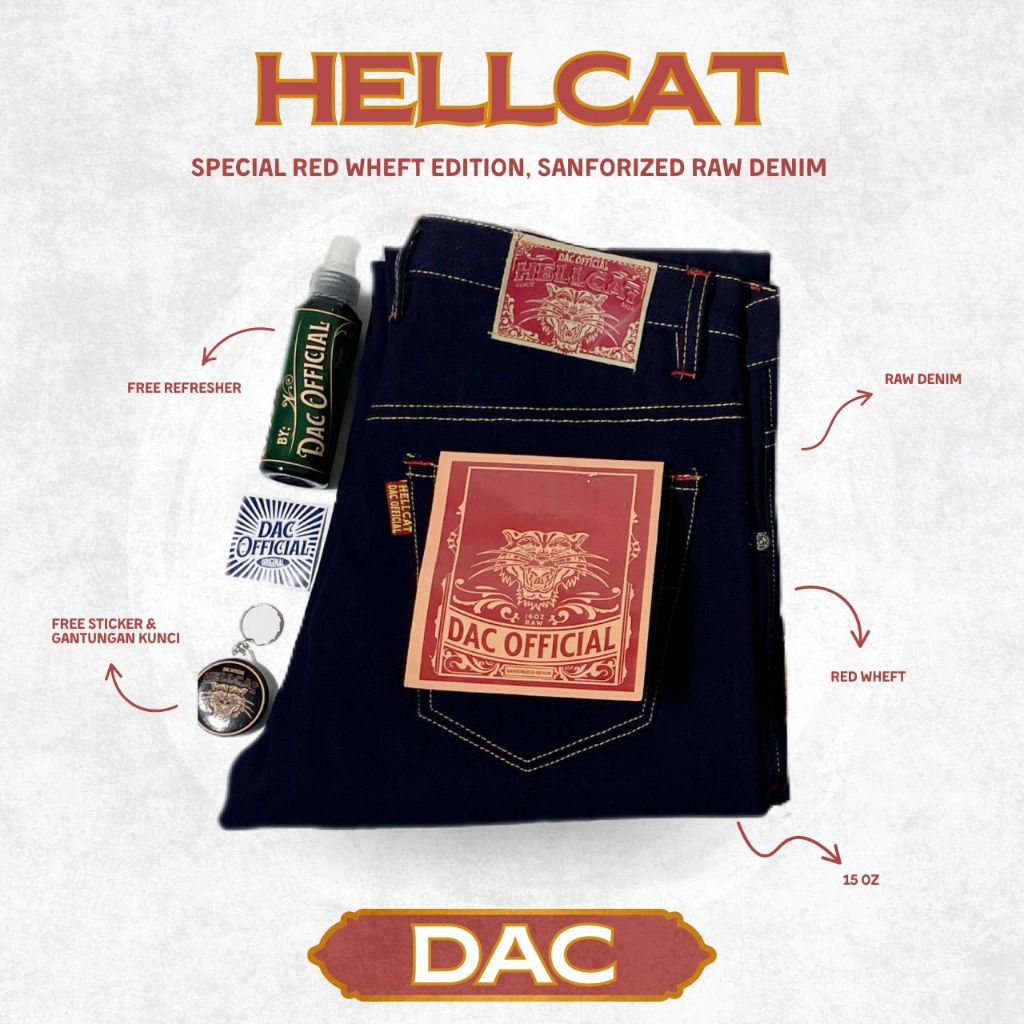 DAC CELANA DENIM SELVEDGE ACCENT 15 OZ ART HEELCAT SANFORIZED WEFT X MAROON ACCENT SELVEDGE WEFT MER