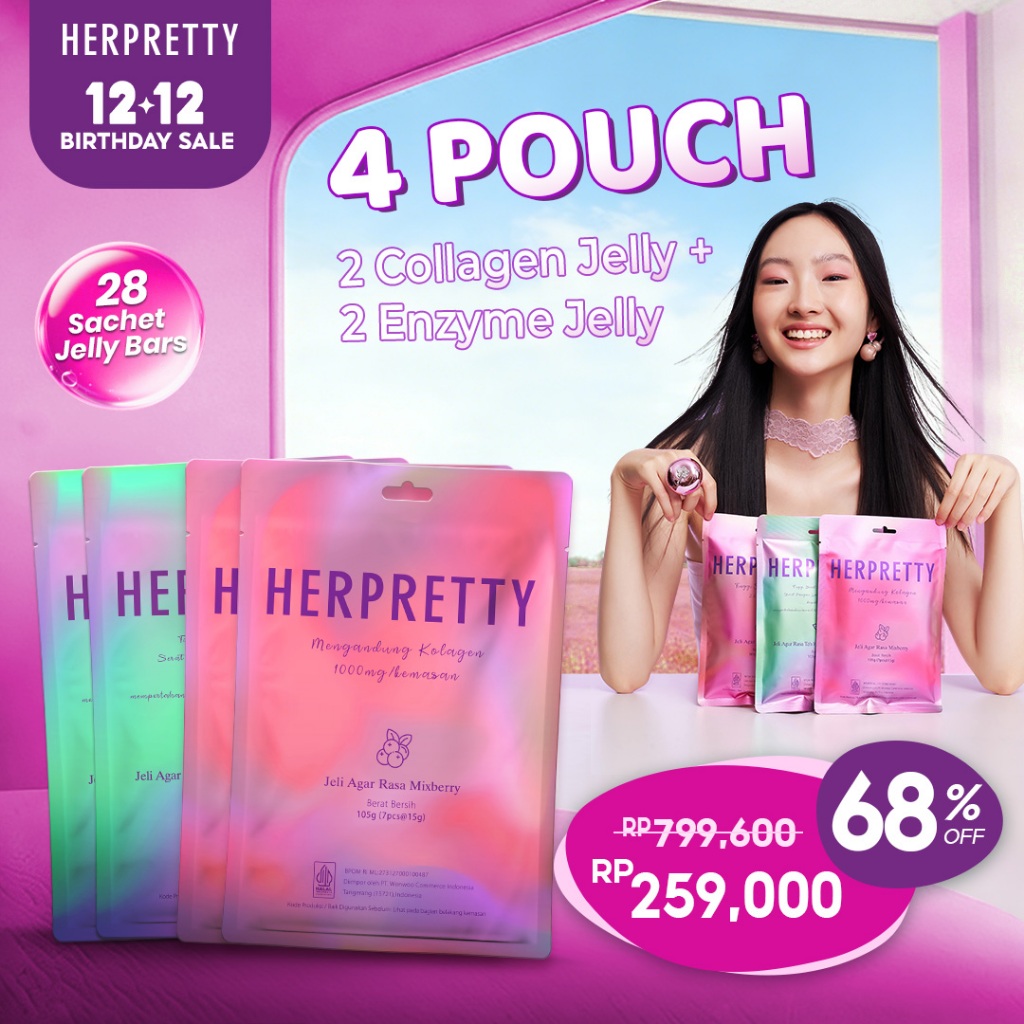 4 Pouch HerPretty Bundle - 2 Pouch Collagen Pink White Jelly Mixberry + 2 Pouch Enzyme Detox Purify 