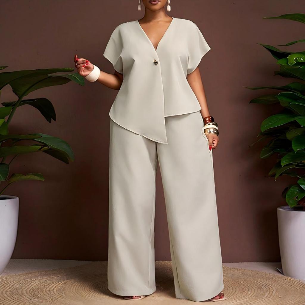Vye&Co - Jumbo (Big Size) - Blouse One Set Setelan Wanita Elegan 2-Piece Beige | Atasan V-Neck + Cel