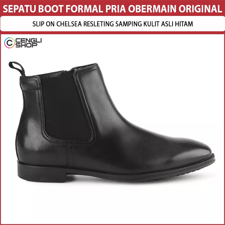 SEPATU BOOT FORMAL PRIA OBERMAIN ORIGINAL SLIP ON CHELSEA RESLETING SAMPING KULIT ASLI HITAM OM10