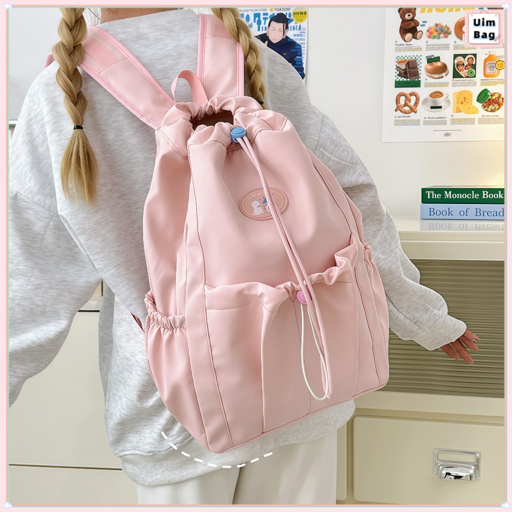 Tas Sekolah Korea Baru/Ransel Merah Muda/Tas Sekolah Desain Tali Serut/Tas Sekolah Smp/Tas Sekolah S