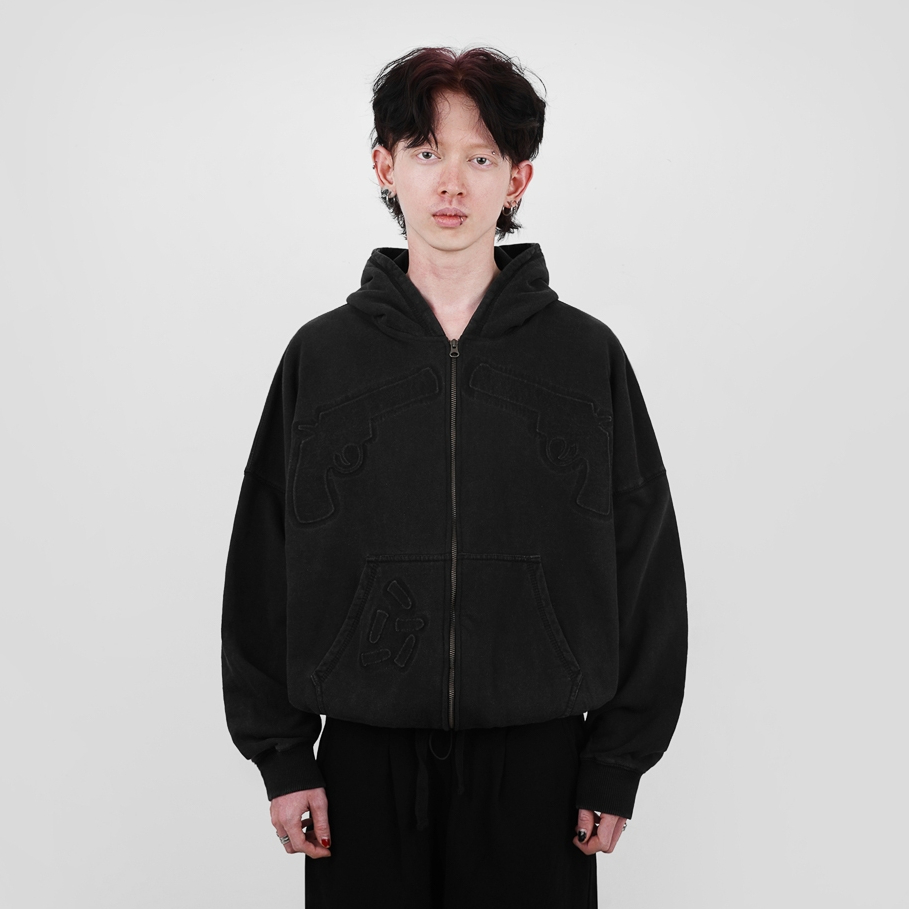 Hierarchy Studios FA - Black Embossed Gun Zip Boxy Oversized Hoodie