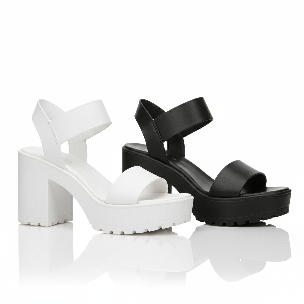 Sandal Heels Platform 5 CM Wanita Kekinian | Wedges Tebal Empuk Anti Slip – Hitam/Putih